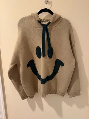 Oversized Beige Knit Hoodie Sweater with Dark green Smiley Face